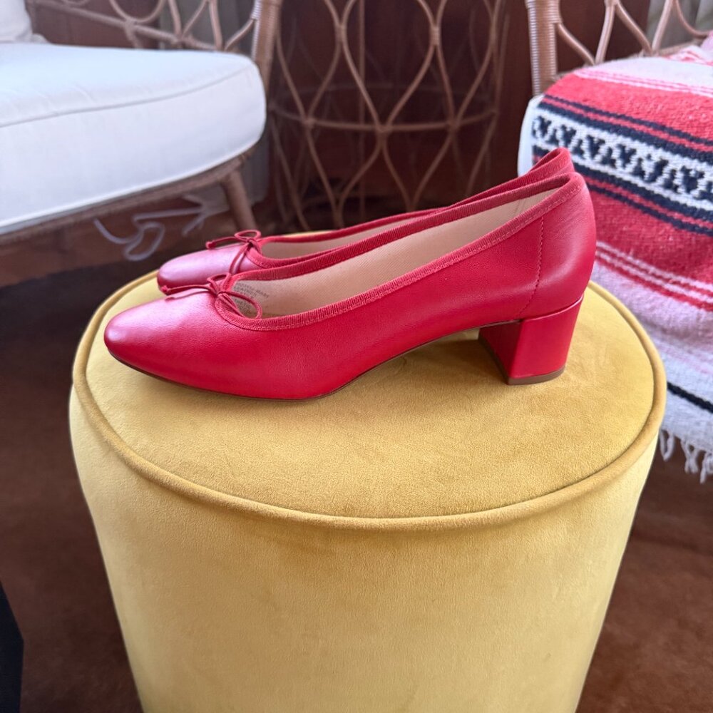 J Crew Soft Leather Kate Block Heel Ballet Pumps in Holiday Red Size 10.5